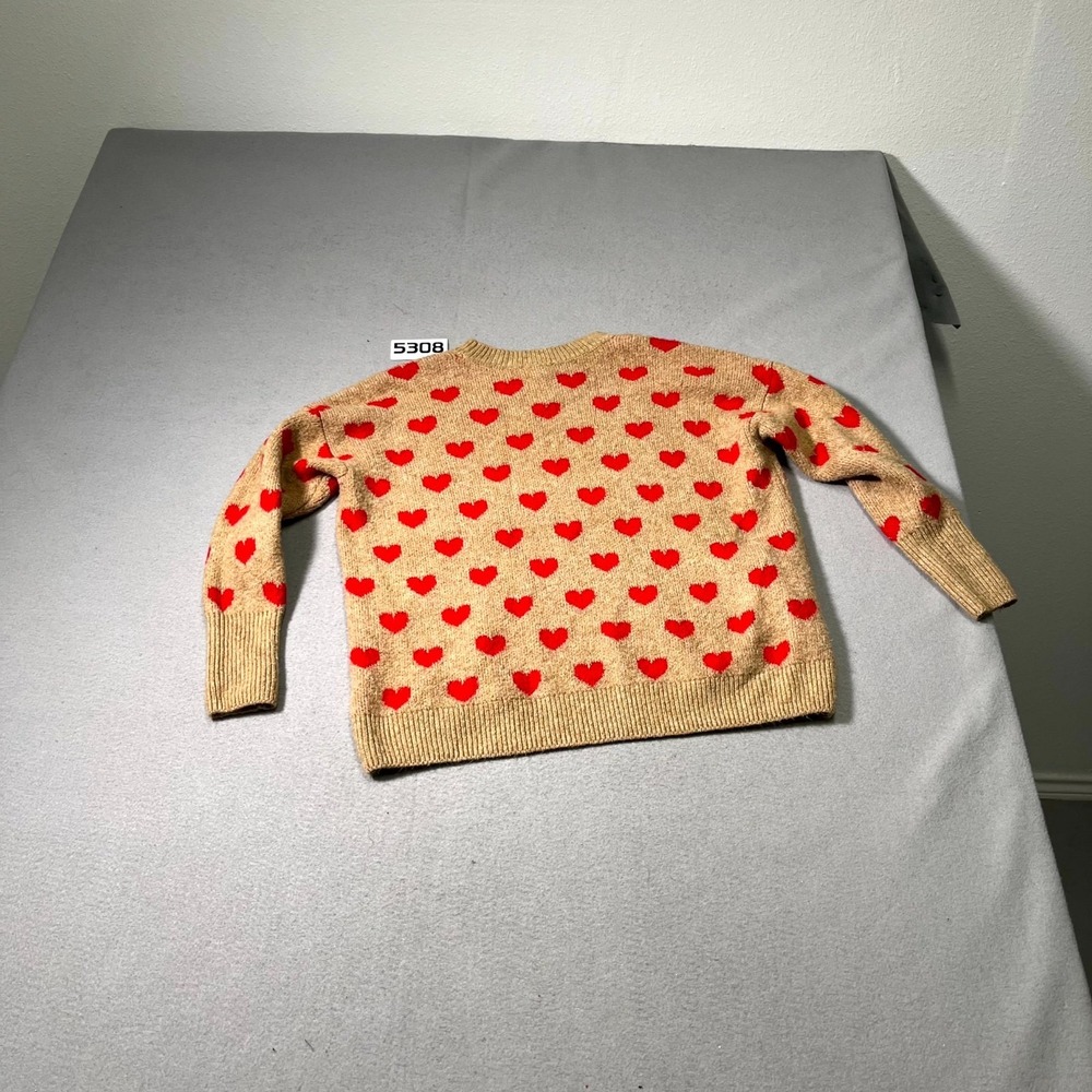Vince Camuto Sweater Womens Small Tan Red Heart Print Soft Stretch Ribbed Hem - Picture 2 of 7
